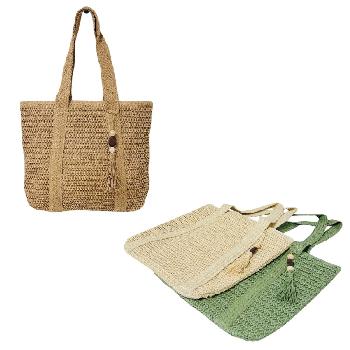 Straw Crocheted Market Tote [Beaded Tassel] 15"x16.5"